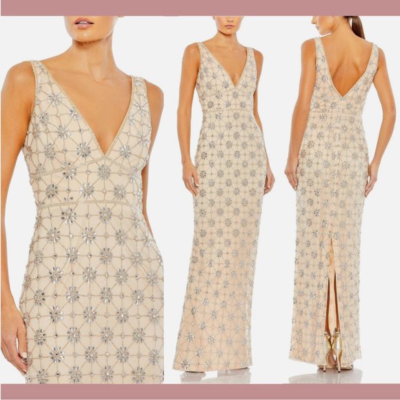 NWT $598 Mac Duggal [ 10 ] Sleeveless Beaded Floral V Neck Gown Nude Silver Q611 - Picture 1 of 16